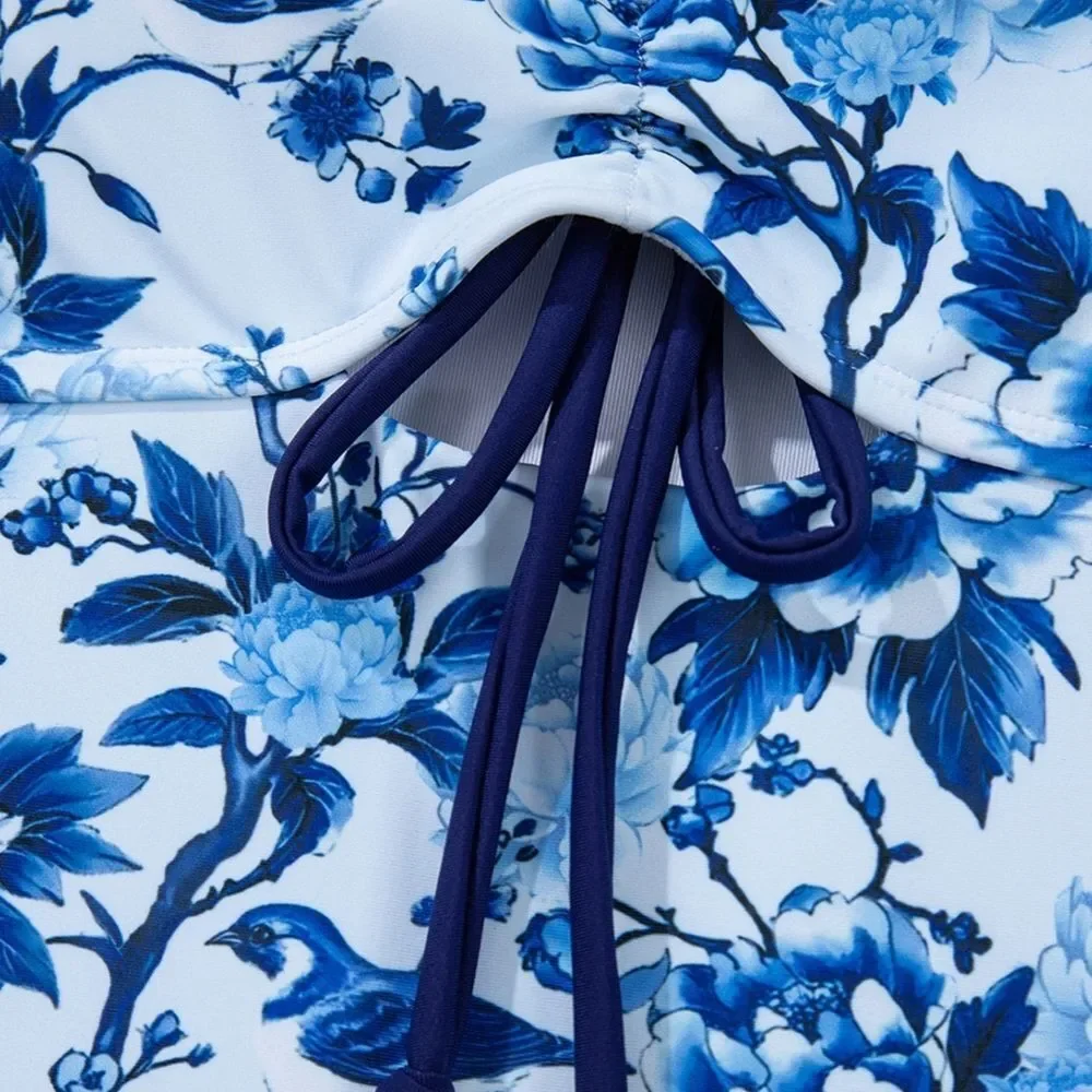 Cutout Ruffled Spaghetti Strap One-Piece Floral Blue Ruffle Strap Swimsuit S M